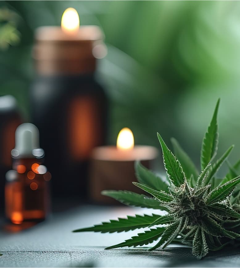 Lifestyle image of CBD oil with a candle and plants